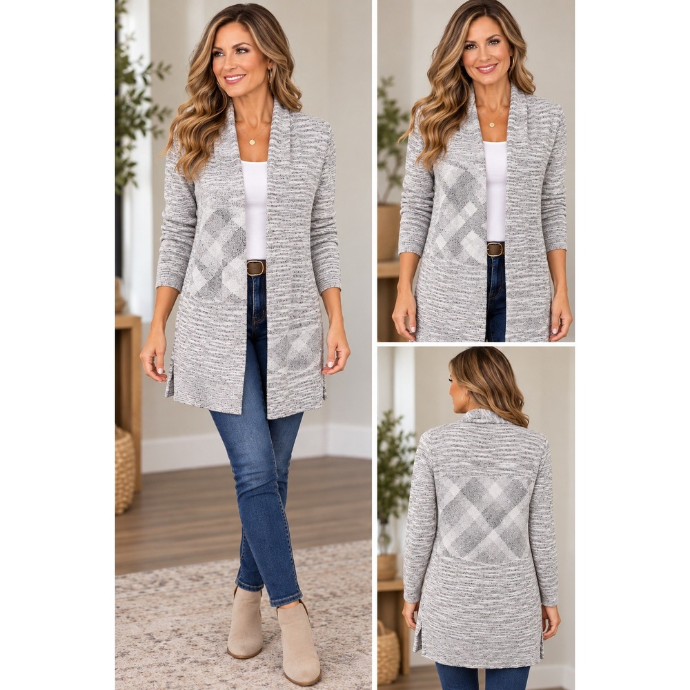 Cynthia Rowley Grey Metallic Space Dye Open Front Longline Cardigan S Coastal